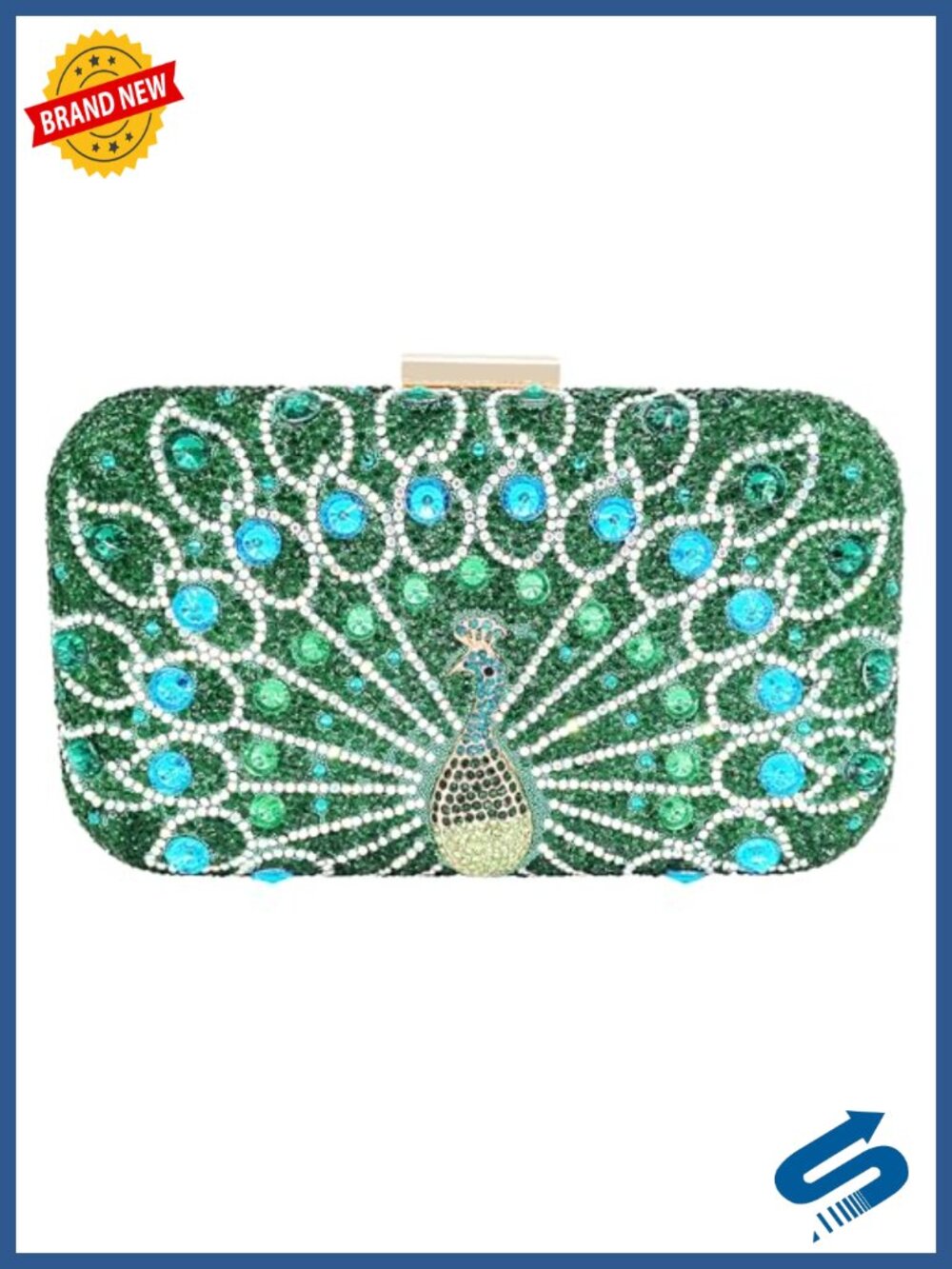 Peacock Rhinestone Clutch Evening Bag with Gold Chain
